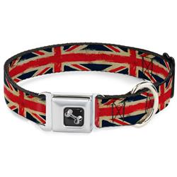 Dog Bone Black/Silver Seatbelt Buckle Collar - United Kingdom Flags Distressed Painting