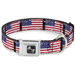 Dog Bone Black/Silver Seatbelt Buckle Collar - United States Flags Weathered/Black