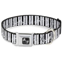 Dog Bone Black/Silver Seatbelt Buckle Collar - Vertical Stripes White/Black/Gray