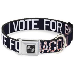Dog Bone Black/Silver Seatbelt Buckle Collar - VOTE FOR BACON Black/White/Bacon