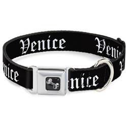 Dog Bone Black/Silver Seatbelt Buckle Collar - VENICE Old English Black/White