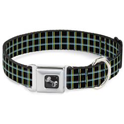 Dog Bone Black/Silver Seatbelt Buckle Collar - Wire Grid Black/Turquoise/Yellow