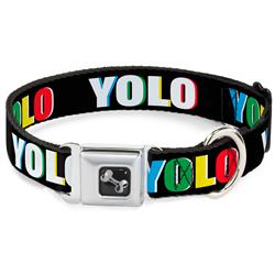 Dog Bone Black/Silver Seatbelt Buckle Collar - YOLO Black/Multi Color