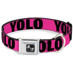 Dog Bone Black/Silver Seatbelt Buckle Collar - YOLO Pink/Black
