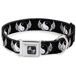 Dog Bone Black/Silver Seatbelt Buckle Collar - Yin Yang w/Wings Black/White