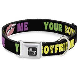 Dog Bone Black/Silver Seatbelt Buckle Collar - YOUR BOYFRIEND LOVES ME w/Kiss Black/Neon