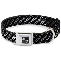 Dog Bone Black/Silver Seatbelt Buckle Collar - YOLO Diagonal Black/Gray/White