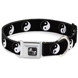 Dog Bone Black/Silver Seatbelt Buckle Collar - Yin Yang Symbol Black/White