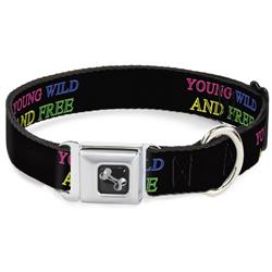 Dog Bone Black/Silver Seatbelt Buckle Collar - YOUNG WILD AND FREE Outline Black/Multi Neon