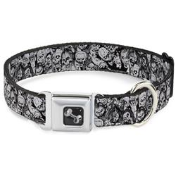 Dog Bone Black/Silver Seatbelt Buckle Collar - Zombie Skulls Sketch