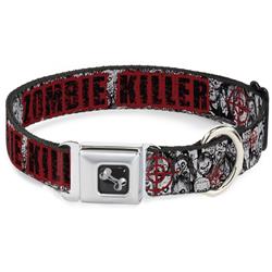 Dog Bone Black/Silver Seatbelt Buckle Collar - ZOMBIE KILLER w/Stacked Zombies Sketch