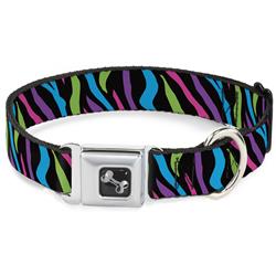 Dog Bone Black/Silver Seatbelt Buckle Collar - Zebra Black/Blue/Green/Pink/Purple