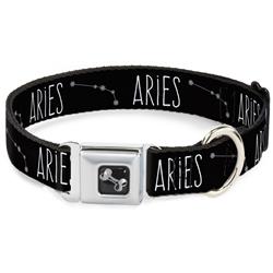Dog Bone Black/Silver Seatbelt Buckle Collar - Zodiac ARIES/Constellation Black/White