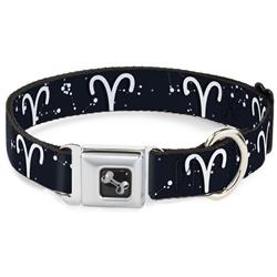 Dog Bone Black/Silver Seatbelt Buckle Collar - Zodiac Aries Symbol/Constellations Black/White