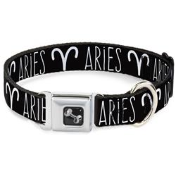 Dog Bone Black/Silver Seatbelt Buckle Collar - Zodiac ARIES/Symbol Black/White