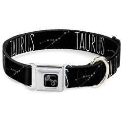 Dog Bone Black/Silver Seatbelt Buckle Collar - Zodiac TAURUS/Constellation Black/White