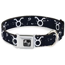 Dog Bone Black/Silver Seatbelt Buckle Collar - Zodiac Taurus Symbol/Constellations Black/White