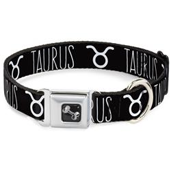 Dog Bone Black/Silver Seatbelt Buckle Collar - Zodiac TAURUS/Symbol Black/White