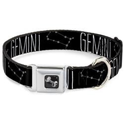 Dog Bone Black/Silver Seatbelt Buckle Collar - Zodiac GEMINI/Constellation Black/White