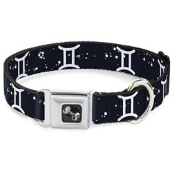 Dog Bone Black/Silver Seatbelt Buckle Collar - Zodiac Gemini Symbol/Constellations Black/White