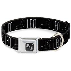 Dog Bone Black/Silver Seatbelt Buckle Collar - Zodiac LEO/Constellation Black/White
