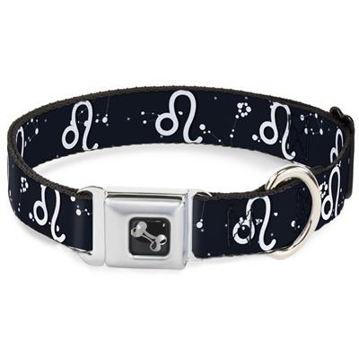 Dog Bone Black/Silver Seatbelt Buckle Collar - Zodiac Leo Symbol/Constellations Black/White