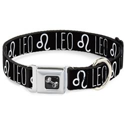 Dog Bone Black/Silver Seatbelt Buckle Collar - Zodiac LEO/Symbol Black/White
