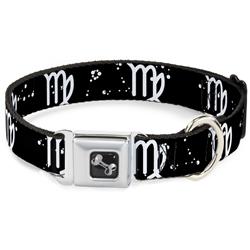 Dog Bone Black/Silver Seatbelt Buckle Collar - Zodiac Virgo Symbol/Constellations Black/White