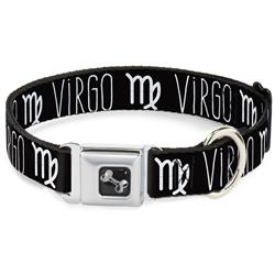 Dog Bone Black/Silver Seatbelt Buckle Collar - Zodiac VIRGO/Symbol Black/White