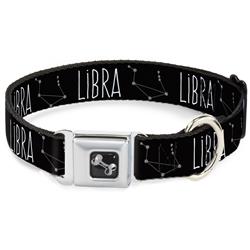 Dog Bone Black/Silver Seatbelt Buckle Collar - Zodiac LIBRA/Constellation Black/White