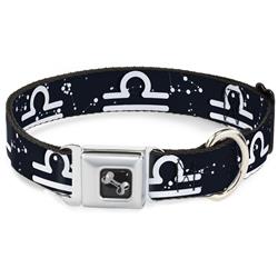 Dog Bone Black/Silver Seatbelt Buckle Collar - Zodiac Libra Symbol/Constellations Black/White