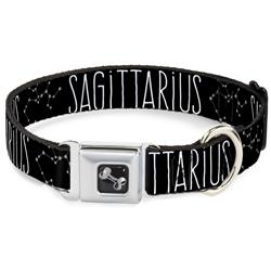 Dog Bone Black/Silver Seatbelt Buckle Collar - Zodiac SAGITTARIUS/Constellation Black/White