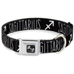 Dog Bone Black/Silver Seatbelt Buckle Collar - Zodiac SAGITTARIUS/Symbol Black/White