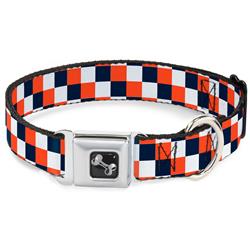 Dog Bone Black/Silver Seatbelt Buckle Collar - Checker Navy/Orange/White
