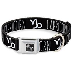 Dog Bone Black/Silver Seatbelt Buckle Collar - Zodiac CAPRICORN/Symbol Black/White