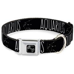 Dog Bone Black/Silver Seatbelt Buckle Collar - Zodiac AQUARIUS/Constellation Black/White