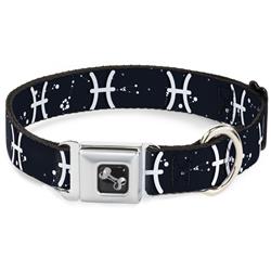 Dog Bone Black/Silver Seatbelt Buckle Collar - Zodiac Pisces Symbol/Constellations Black/White