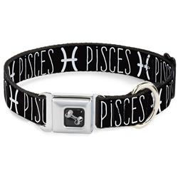 Dog Bone Black/Silver Seatbelt Buckle Collar - Zodiac PISCES/Symbol Black/White