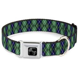 Dog Bone Black/Silver Seatbelt Buckle Collar - Argyle Green/Navy/Green/White