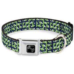 Dog Bone Black/Silver Seatbelt Buckle Collar - Abstract Plaid White/Navy/Neon Green