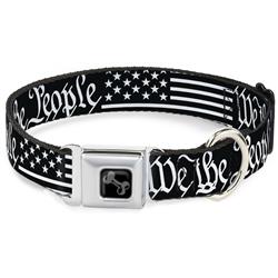 Dog Bone Black/Silver Seatbelt Buckle Collar - Americana Flag/WE THE PEOPLE Black/White