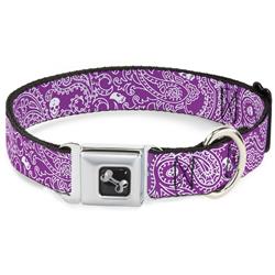 Dog Bone Black/Silver Seatbelt Buckle Collar - Bandana/Skulls Purple/White