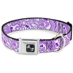 Dog Bone Black/Silver Seatbelt Buckle Collar - Bandana/Skulls White/Purple