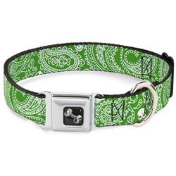 Dog Bone Black/Silver Seatbelt Buckle Collar - Bandana/Skulls Irish Green/White