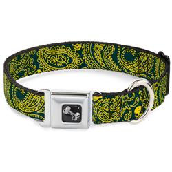 Dog Bone Black/Silver Seatbelt Buckle Collar - Bandana/Skulls Green/Gold