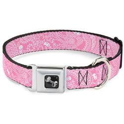 Dog Bone Black/Silver Seatbelt Buckle Collar - Bandana/Skulls Pink/White