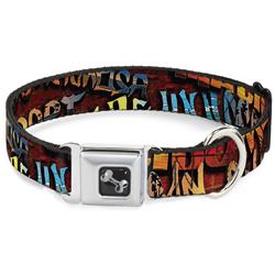 Dog Bone Black/Silver Seatbelt Buckle Collar - Beach Tags Stacked Brick Wall/Beach Scenes