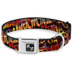 Dog Bone Black/Silver Seatbelt Buckle Collar - Beach Tags/Paint Splatter Brick Wall/Beach Scenes