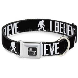 Dog Bone Black/Silver Seatbelt Buckle Collar - Bigfoot Silhouette I BELIEVE Black/Gray/White