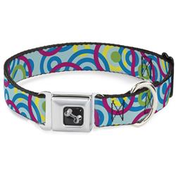 Dog Bone Black/Silver Seatbelt Buckle Collar - Bullseye Stacked Swirl Blues/Green/Yellow/Pink